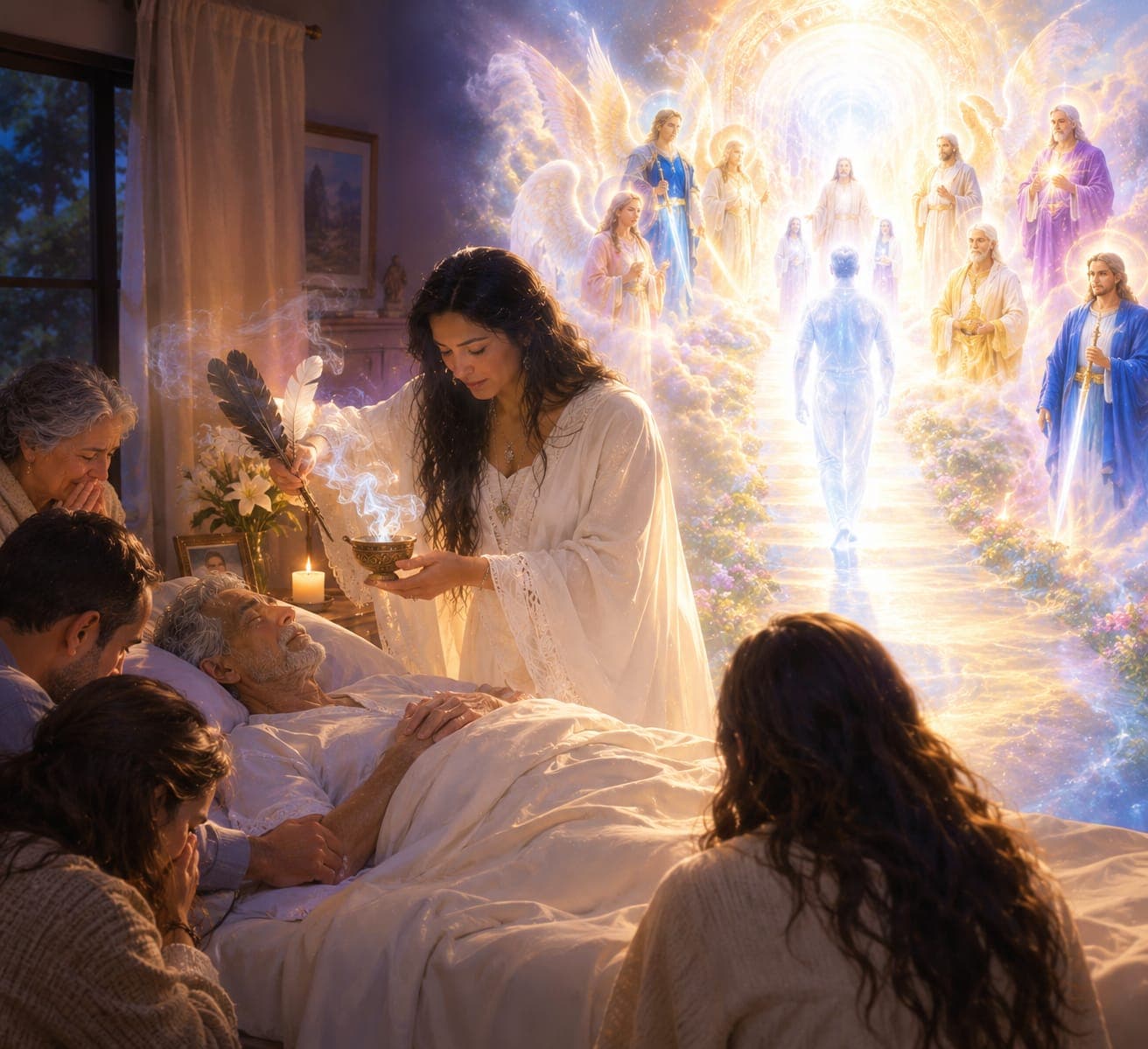 Luz dorada y blanca que abre un camino de regreso al hogar espiritual